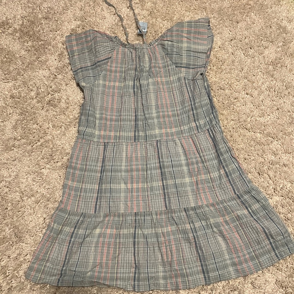 LOFT Gray and Blue Ruffled Sundress with Sweetheart Neckline